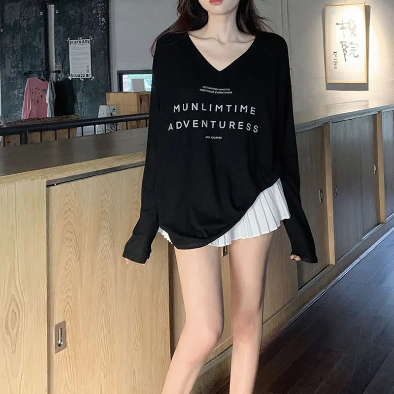 Casual V-Neck Letter Printed T-shirts Spring Autumn Loose Round Neck Women's Clothing Basic Long Sleeve Korean Stylish Pullovers