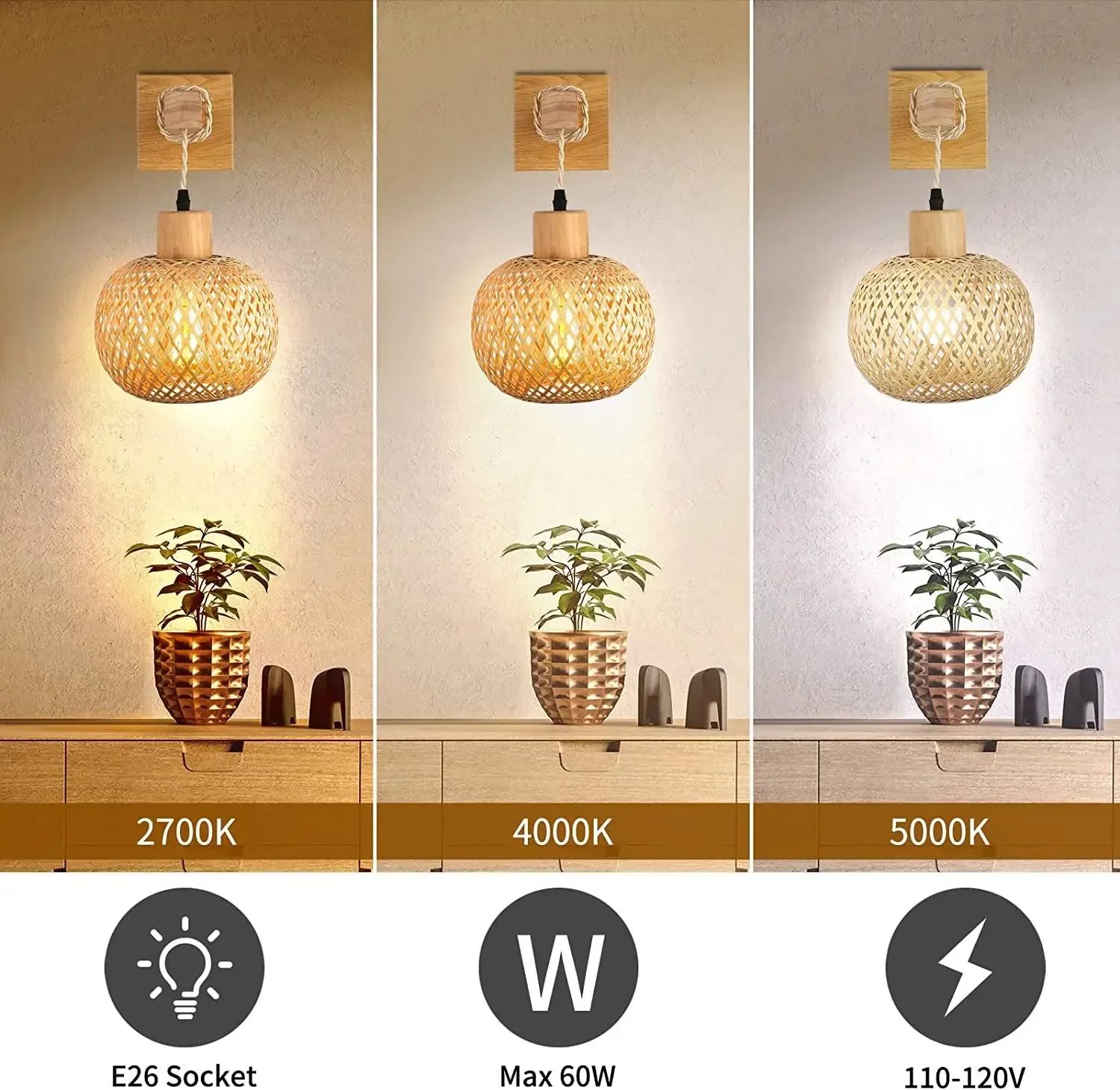 Hand-Woven Bamboo Room Decor Lampshades Wall Light Fixtures Bamboo Lantern Wall Lamp Natural Rattan Wicker E27 Wall Chandeliers