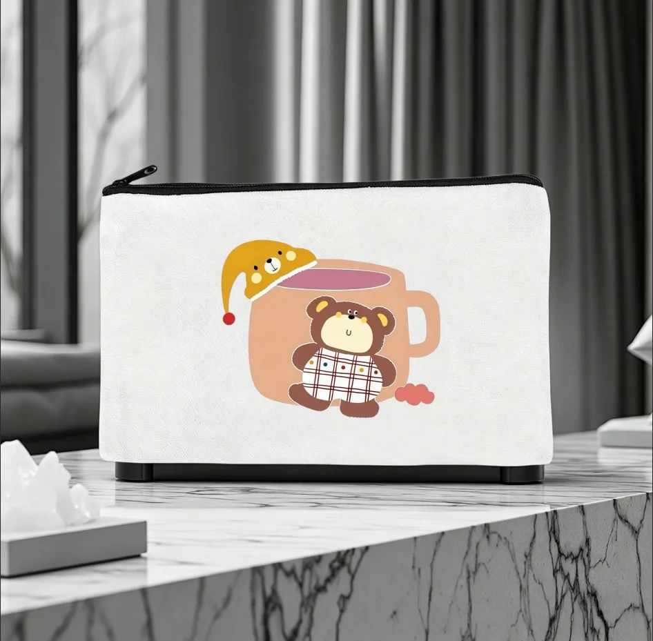 1PC Double-sided Print Canvas Pouch Kawaii Bear Coffee Cup Print Zipper Makeup Storage Bag