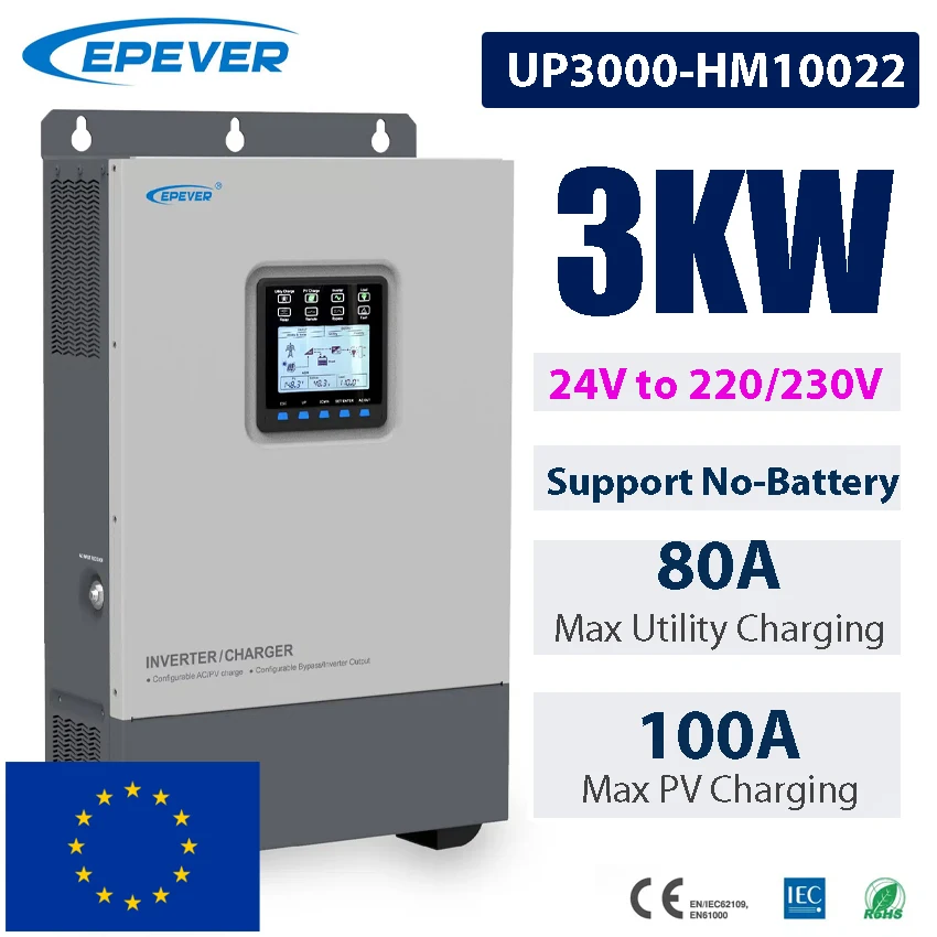 3000W Hybrid Inverter 24V to 220V/230V Inside 100A MPPT Solar Controller 80A Utility Charger Max 4KW Panel UP3000-HM10022 EPEVER