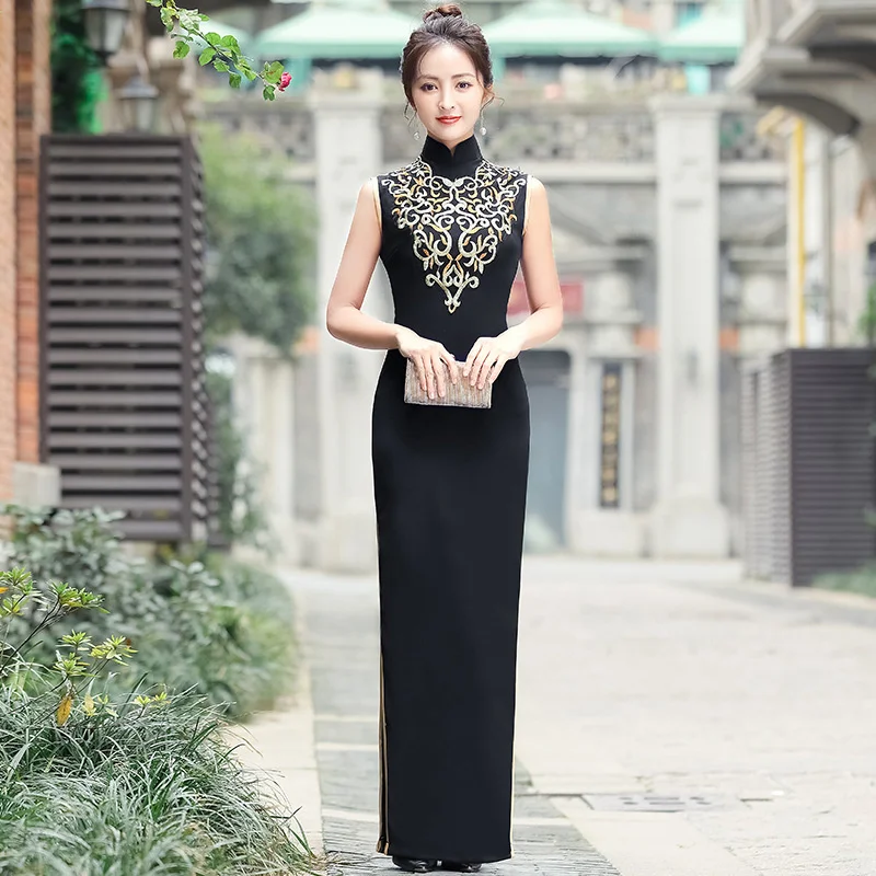 

Black Summer Long Cheongsam Sleeveless Orientale Traditional Qipao Women Evening Dresses Good Quality Slim Eleganti Chinese Robe