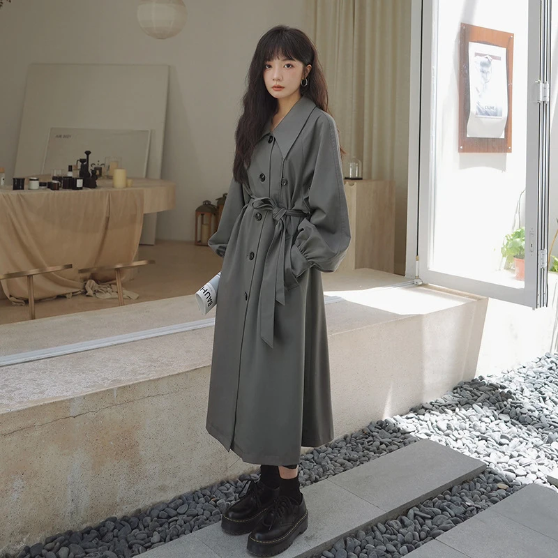 

Women Lantern Sleeve Trench Coat Spring Fall Doll Collar Belt Slim Korean Fashion Overcoat Loose Long Female Windbreaker New