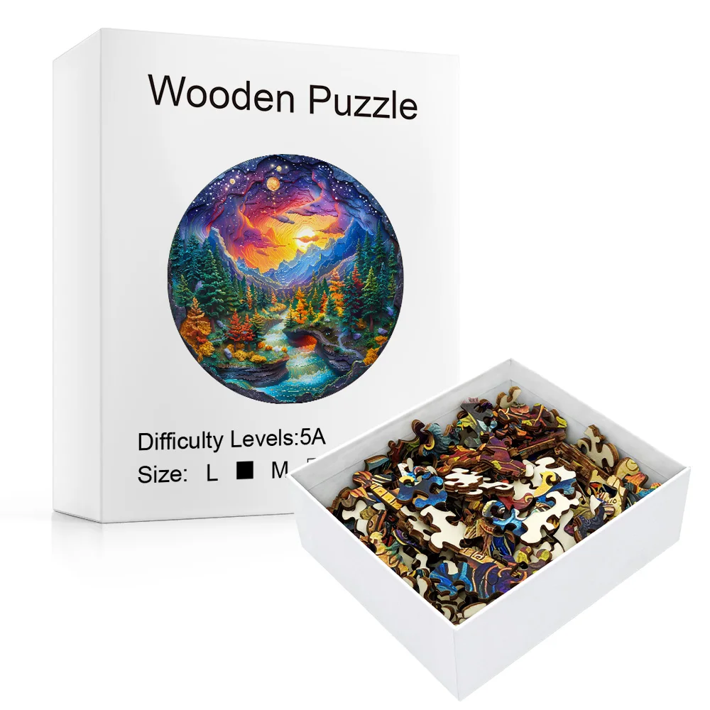 Wooden Puzzles for Adults, Visual 3D Sunset Forest Wooden Jigsaw Puzzles, Wood Puzzles Adult, Unique Animal Shape Wood Cut Puzzl