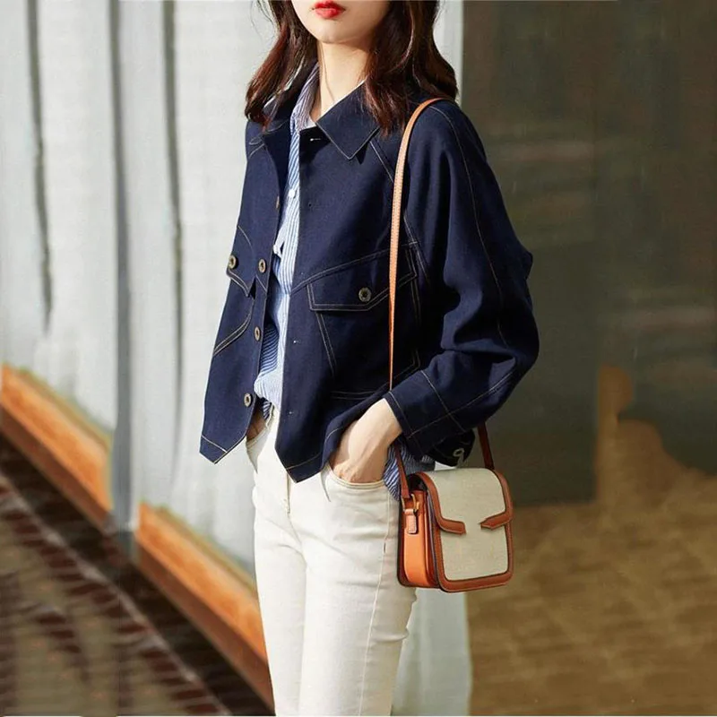 2024 New Spring Autumn Denim Jacket Women Short Full Sleeves Suit Collar Loose Cowboy Coat Female Jean Outwear Female Tops R2455