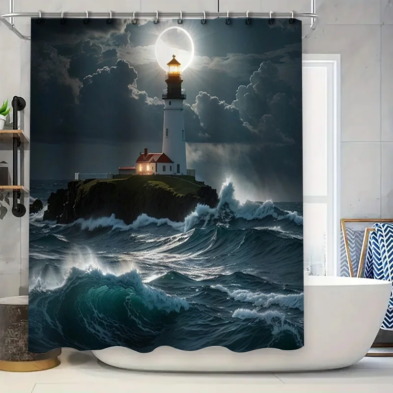

Погружной океанский маяк, занавеска для душа, волны, лунный свет, водонепроницаемая ткань, современный декор для ванной комнаты