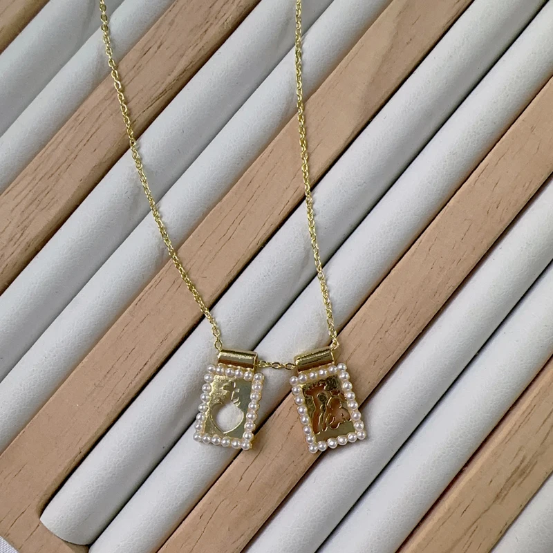 5 pcs/lot New Design Fashion Pendant Necklace Gold Plated Brass Pearl Thin Chain Hollow Pendant Necklaces Jewelry