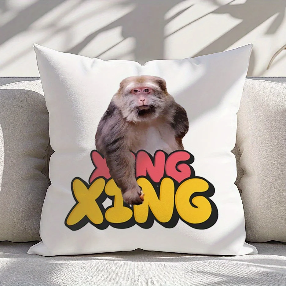 Short Plush “Xing Xing” Monkey Pillowcase 18x18 Inch Double Sided Printed Zipper Cushion Cover Vintage Fun Decor