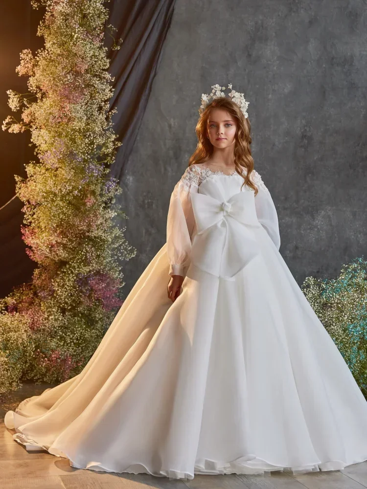 Flower Girl Dresses White Satin Appliques With Rhinestones Beads Big Bow Long Sleeve For Wedding Birthday Banquet Princess Gowns