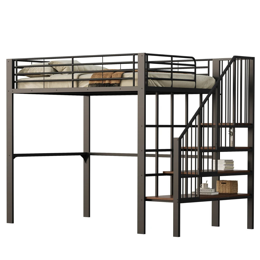 Stabiles Hochbett aus Metall, 90 x 200 cm/140 x 200 cm, mit geräumigem Stauraum unter dem Bett und Treppe für Kinder und Erwachsene, Bettgestelle und -gestelle – Detail 20