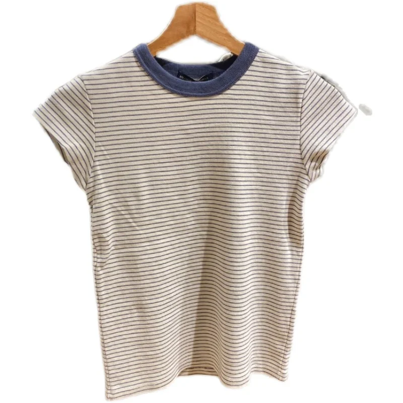 American Retro Gestreiftes ort Sve T-Shirt aus reiner Baumwolle zum Abnehmen von Agel Brandy Girl Offizielle Website Damen-Sommeroberteil