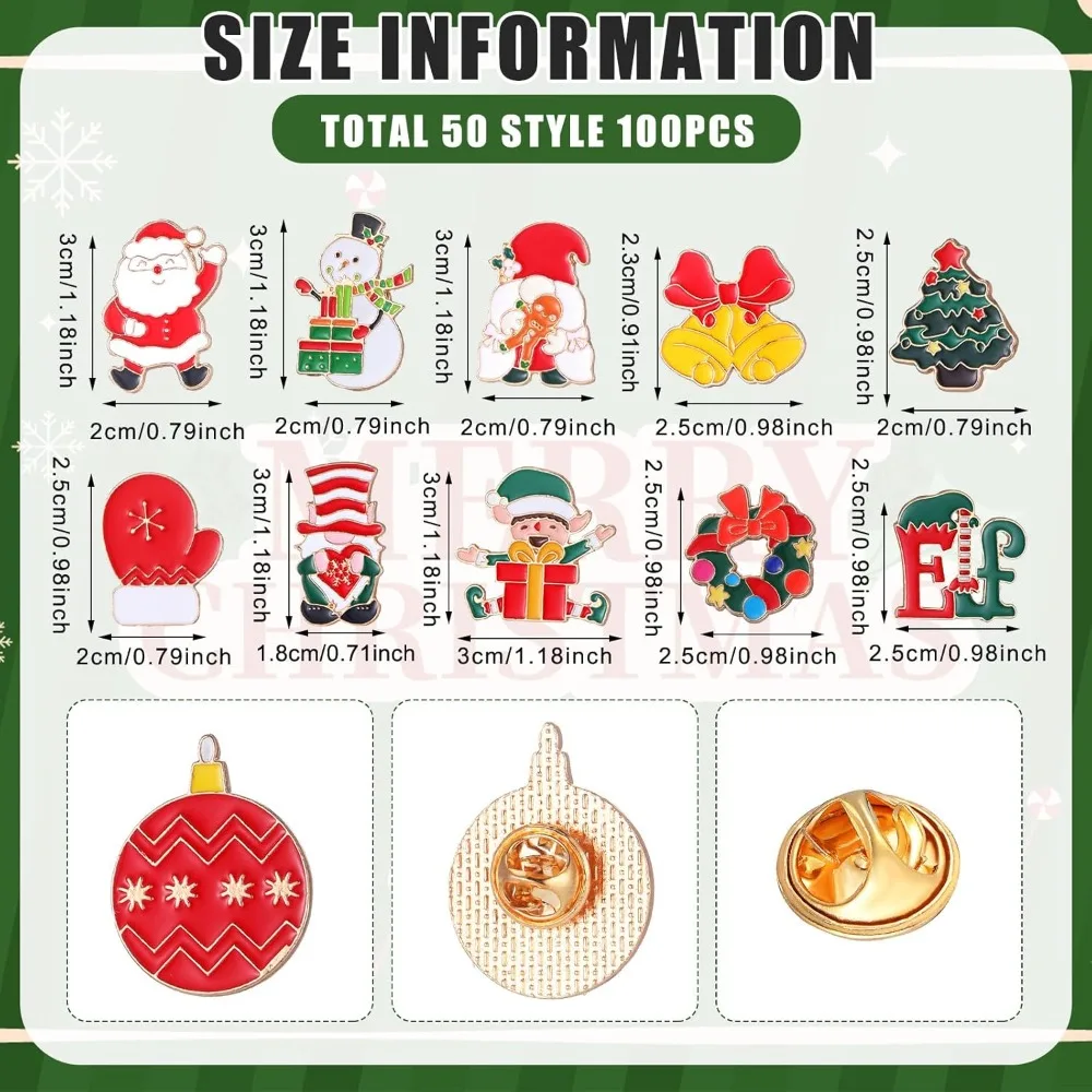 100 Pieces Christmas Enamel Pins Set: Santa, Tree, Snowflake, Gingerbread, Nutcracker, Snowman, Reindeer, Candy Cane, and More