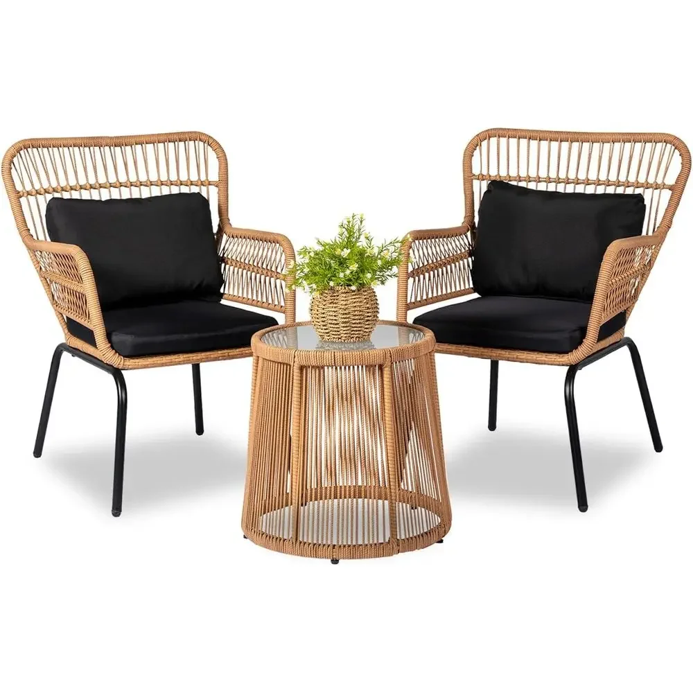 2-Piece Outdoor Wicker Bistro Set with Rattan Chairs, Ideal for Patio, Balcony, or Poolside, Yellow and Black