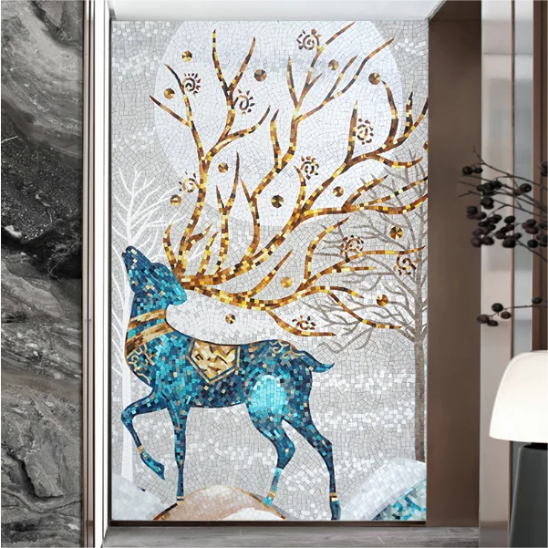 Hand cut deer pattern art  glass mosaic tile mural design for wall decorate