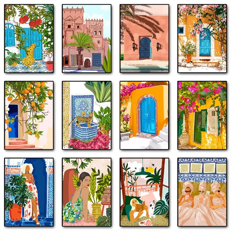 Marokko Reizen Poster Esthetiek Landschap Illustratie Prints Canvas Schilderij Muurkunst Foto Voor Woonkamer Interieur