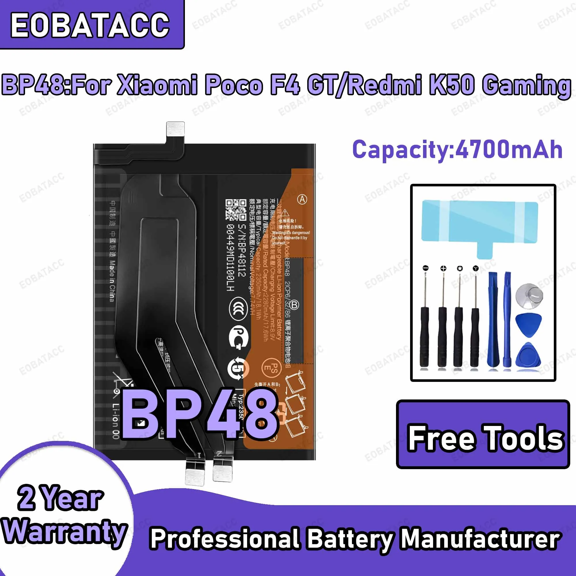 4700mAh BP48 Replacement Battery for Xiaomi Poco F4 GT/Redmi K50 Gaming battery Repair Tools Kit