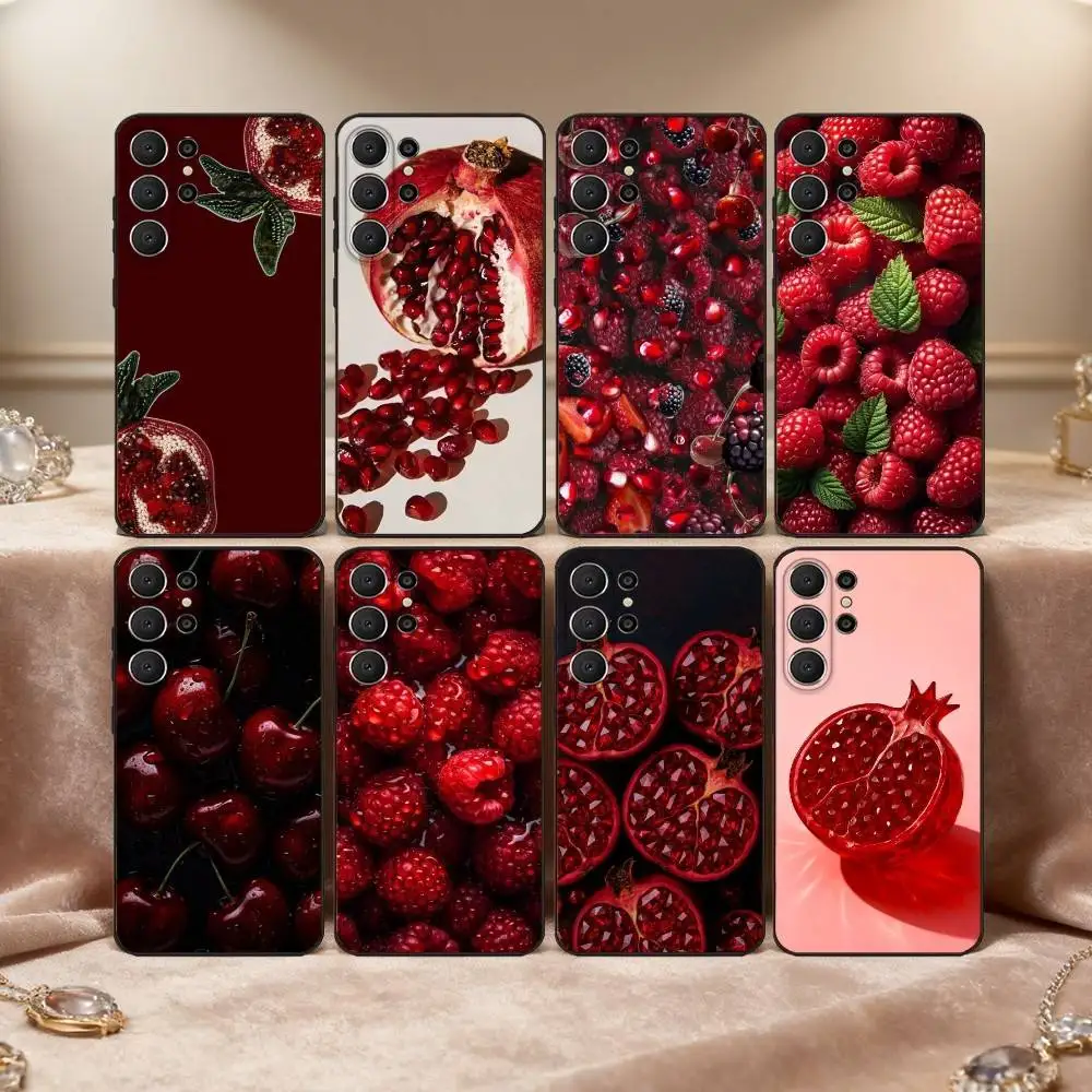 

Red C-Cherry Pomegranate Raspberry Phone Case For Samsung S26,S25,S24,S21,S22,S23,S30,Ultra,S20,FE,Lite,10,9,Black Cover