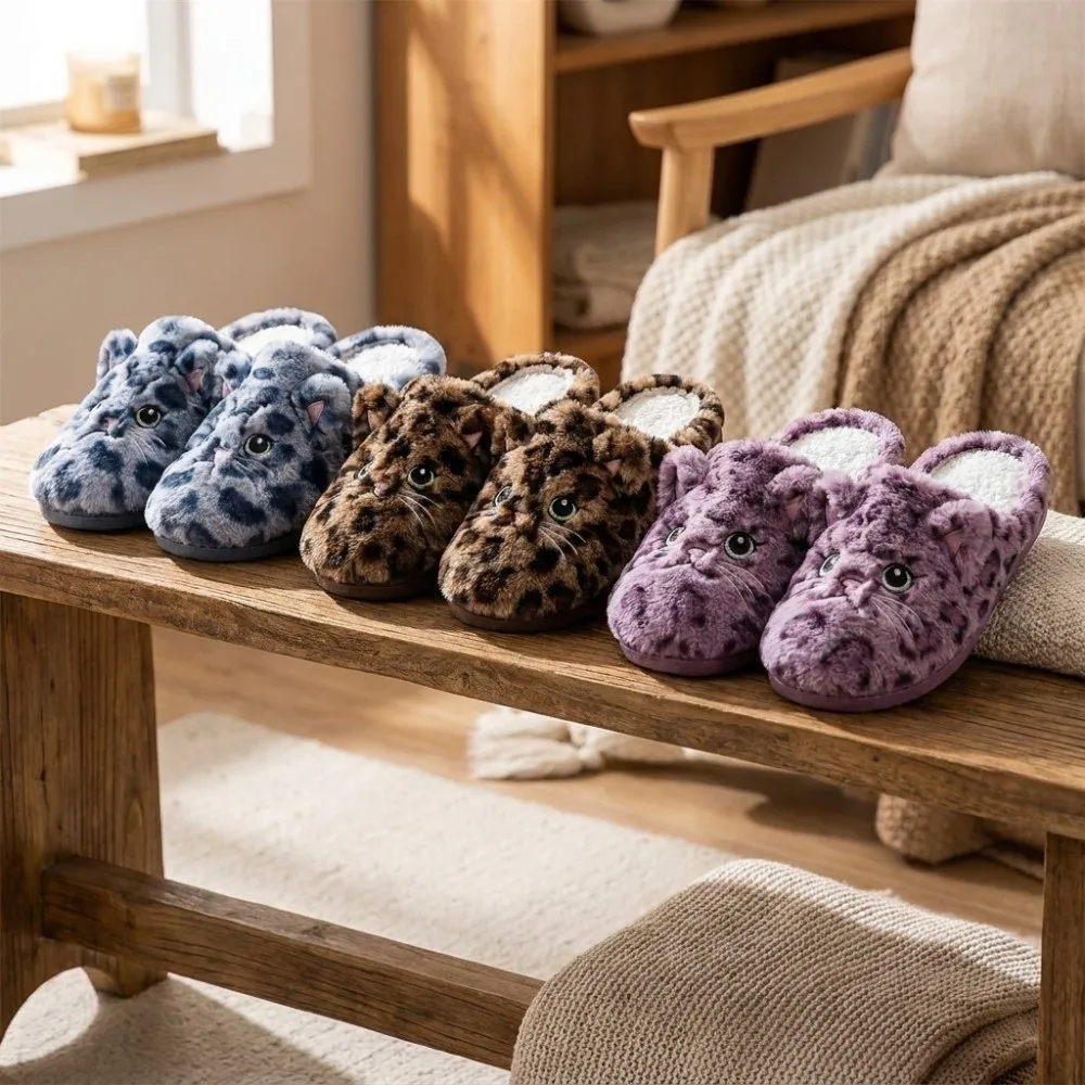 Cartoon Soft Sole Cat Slippers Silent Non-Slip Leopard Print Slippers Portable Cozy Plush Home Shoes Travel