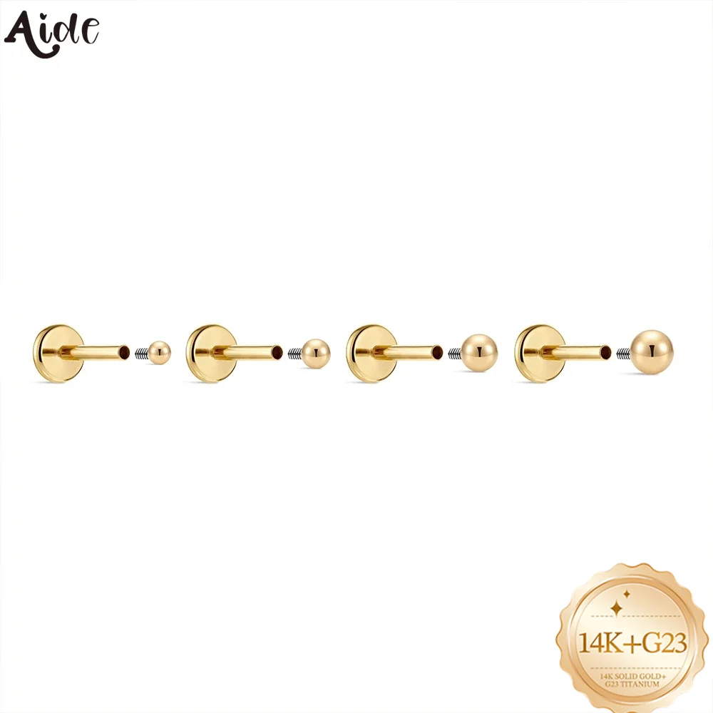 Aide 14K Solid Gold Ball End Cartilage Studs Simple Design Screw Back Piercing Earrings for Women Trendy Ear Stacking Fine Jewel