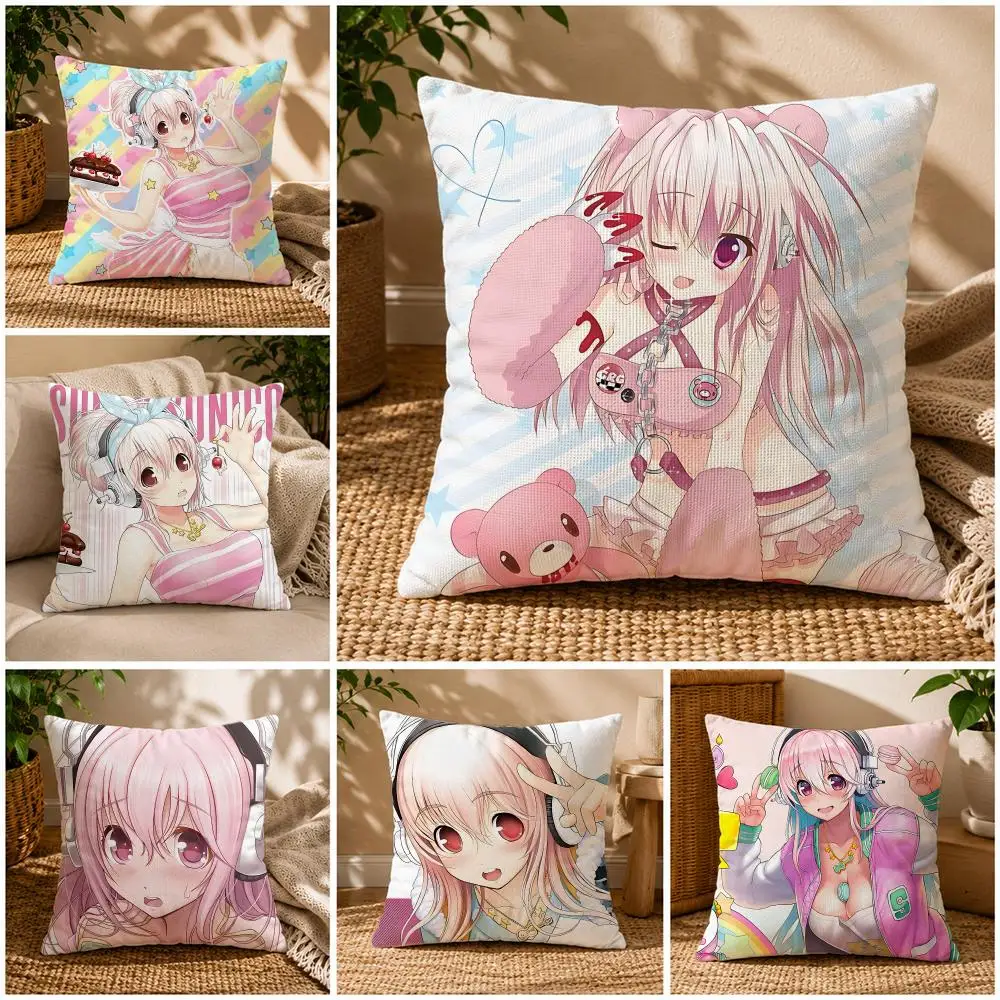 Character‑IP Super Sonico Cushion Cover Soft Short Plush Zippered Cushion Covers 40/45/50cm Square Decor for Sofa Home
