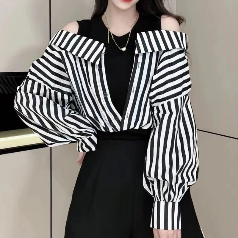 Women Sexy Off Shoulder Striped Print Patchwork Shirts Korean Fashion Fake Two Pieces Chic Blouse Casual Simple Long Sleeve Tops