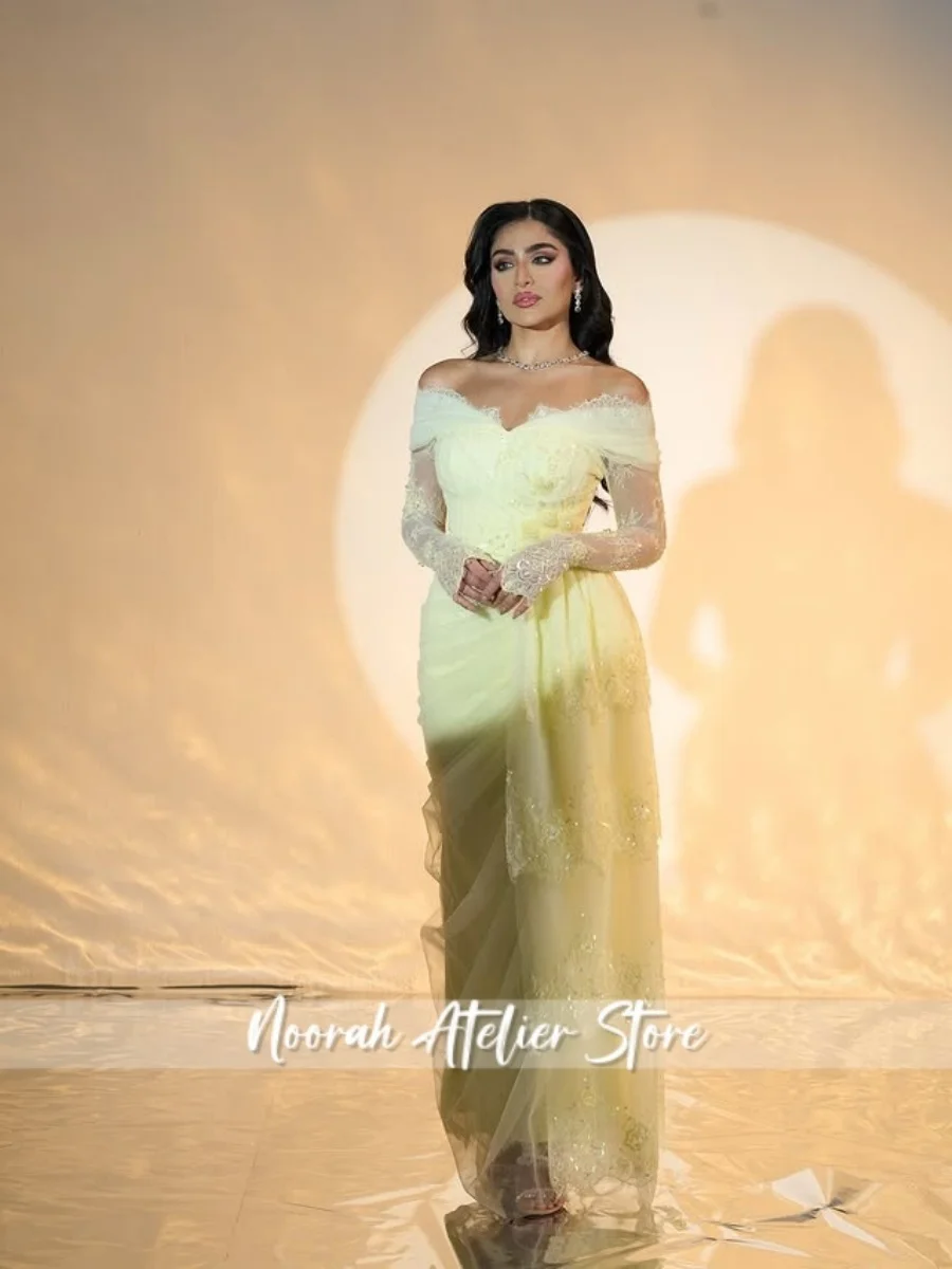 Nuevo amarillo personalizado de encaje elegante vestidos de noche lujosos 2025 mangas Illuison vestido Formal vestido de novia largo Veestidos