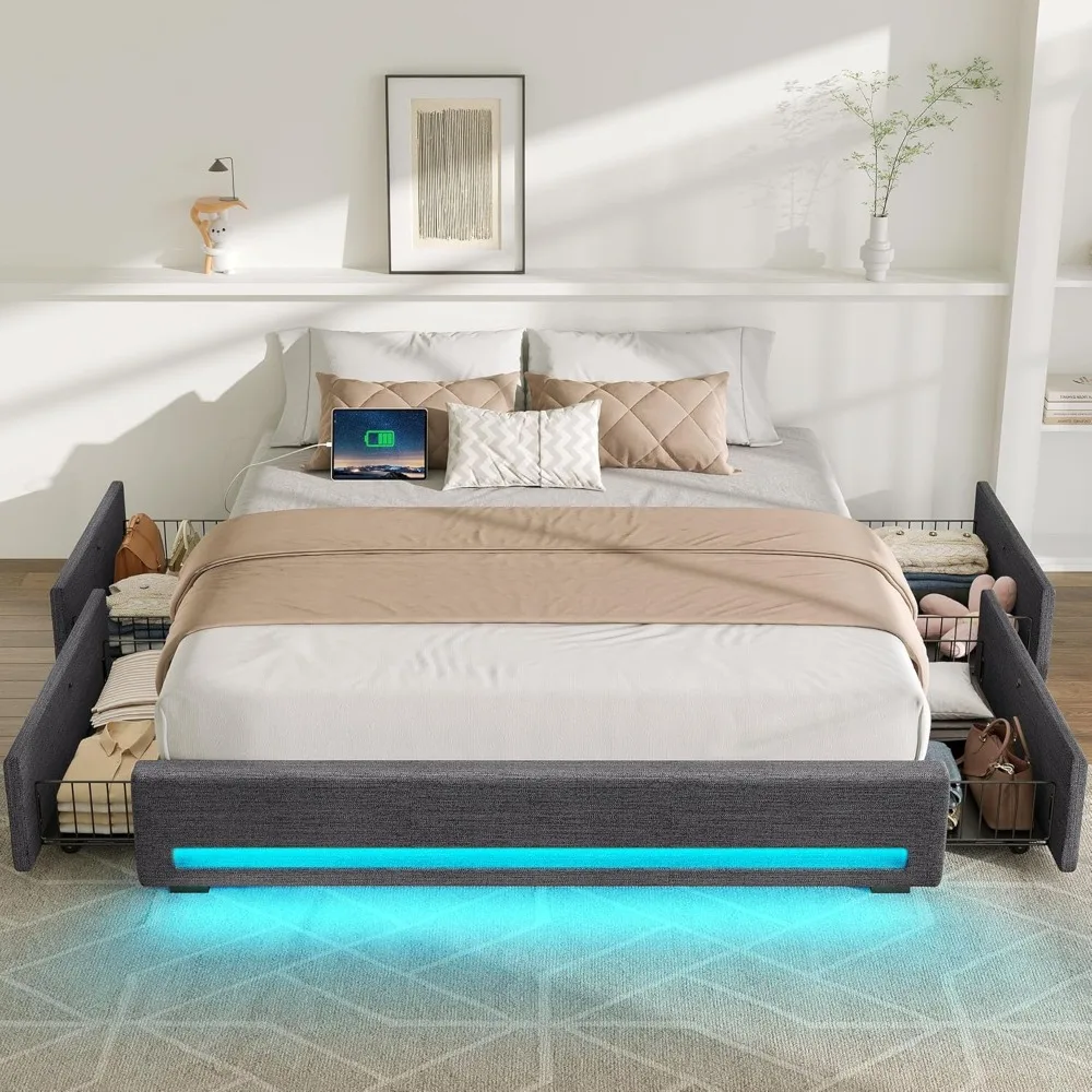

Rolanstar Queen Size Bed Frame with 4 Storage Drawers & Charging Station, Upholstered Platform Bed with LED Light, Heavy Metal S