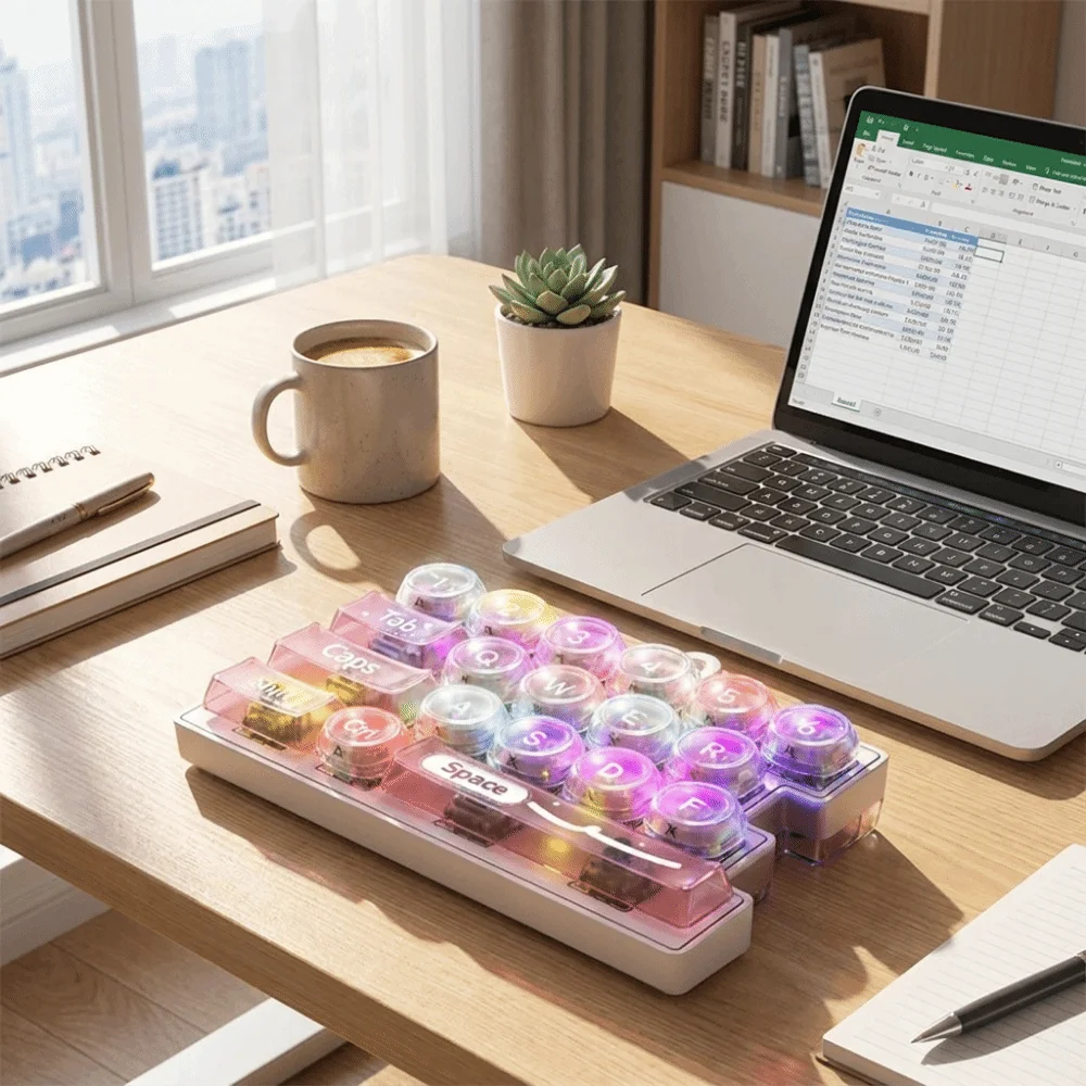 Portable Glowing 19 Keyboard Keychain Stress Relief with LED Lights Fingertip Button Key Ring Creative
