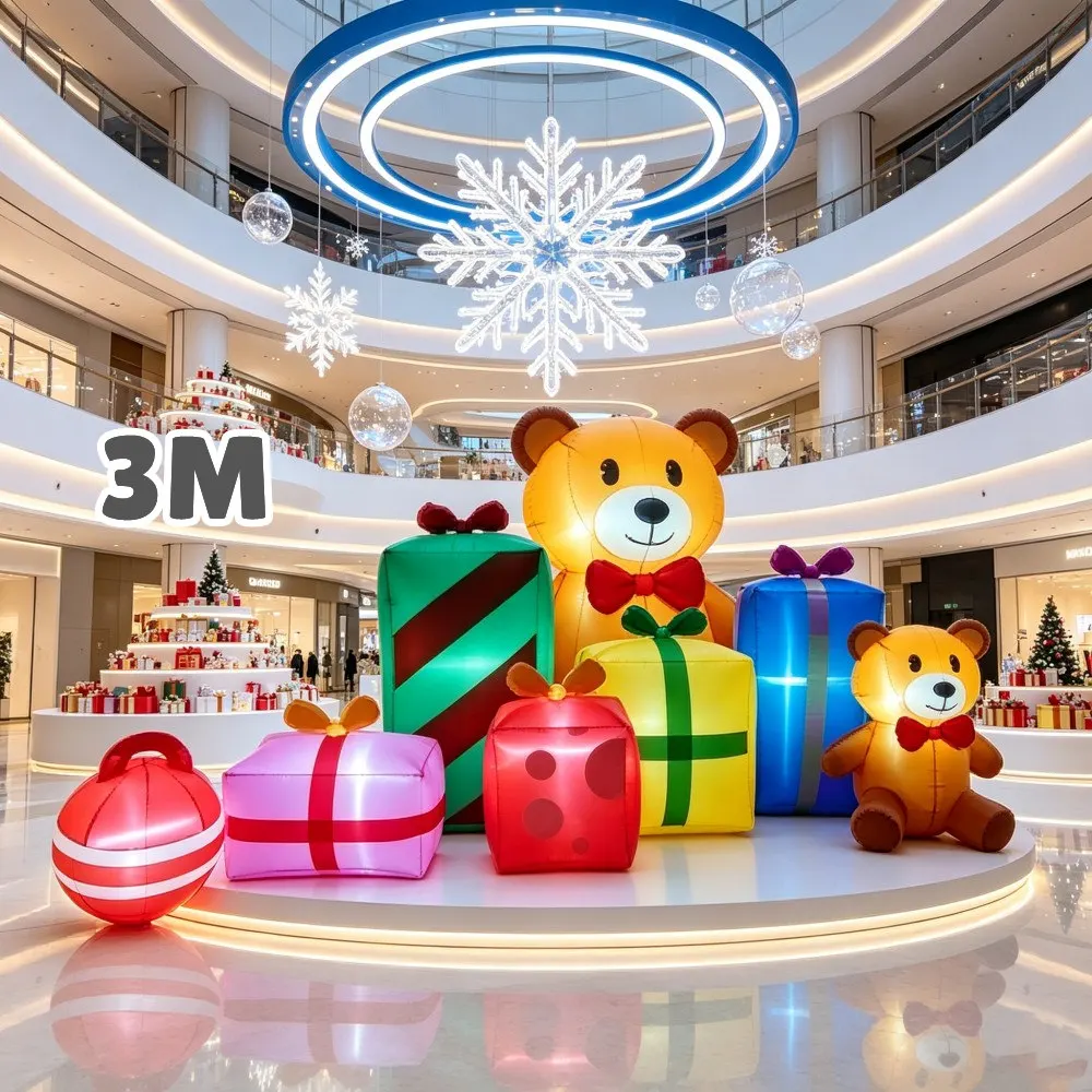 Christmas 3M Long Inflatable Teddy Bear Gift Box Set With Built LED Lights For Outdoor Yard Lawn Hallway And Party Decorations