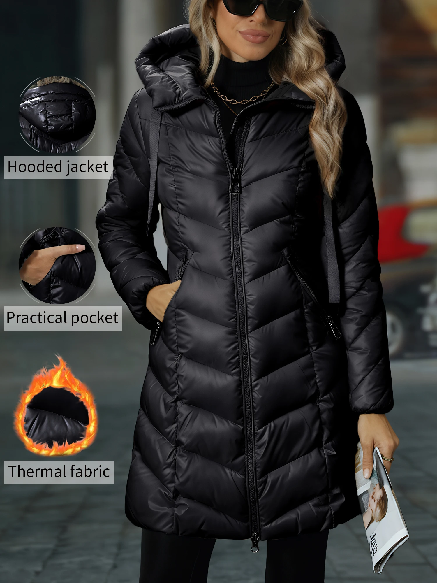 

Women's Autumn/Winter Mid-Length Casual Quilted Coat Hooded Long Sleeve Pocket Streetwear Jacket