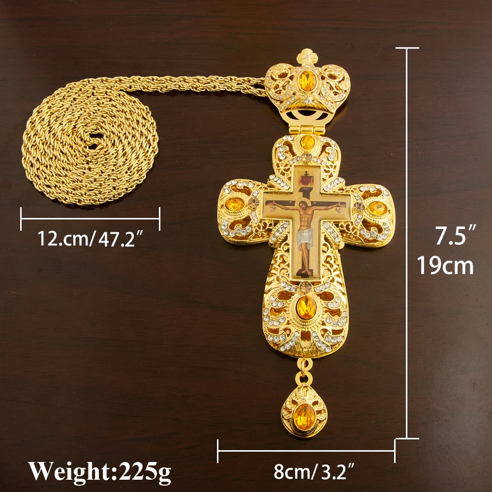 Eastern Orthodox Gilded Gold Carved Cross Pendant with Diamonds Yellow Crystal Religious Relics Wearing Beliefs Exquisite Gifts