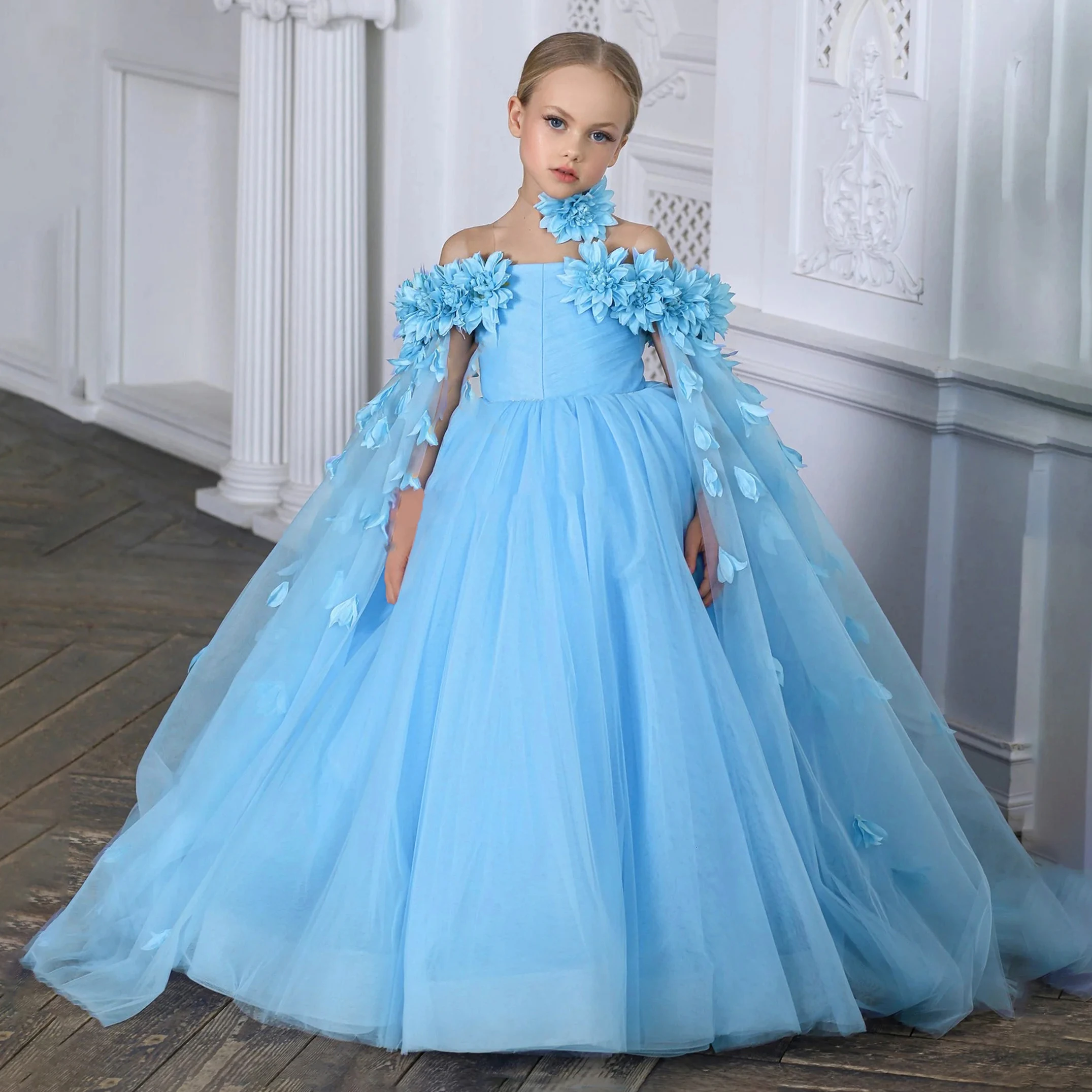 Fluffy Flower Bridemaid Girl Dresses For Wedding and Party Ball Gown Elegant Tulle Off Shoulder Birthday First Communion Dresses