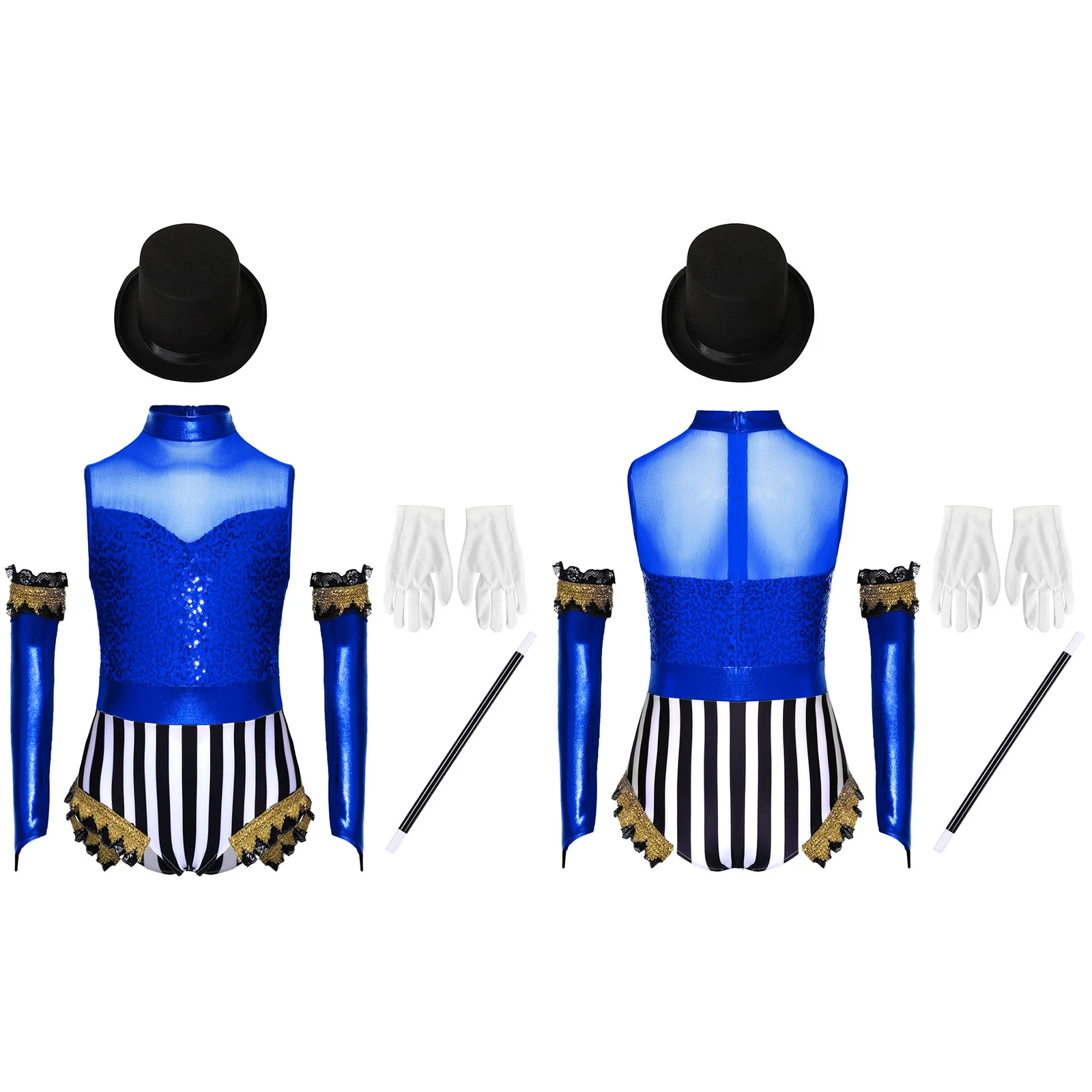 RUNQHUI Tenues de Cirque Magicien pour Enfants Filles Justaucorps à Sequins avec Chapeau Baguette Magique Gants Ensemble Bleu 14