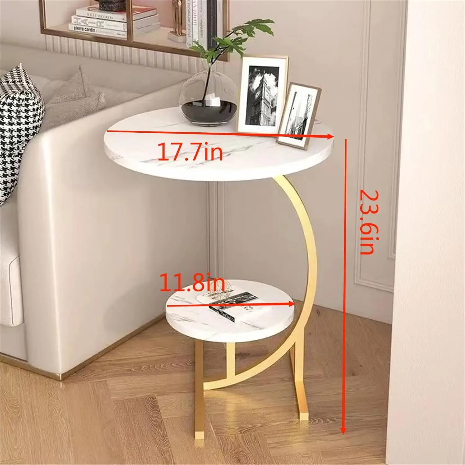 2 Layers Round Marble Texture Small C-Shaped Side Table,Snack Side Table, End Table For Sofa Side Table,Bedside Table For