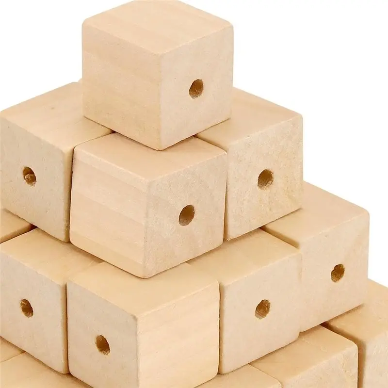 IALJ-Wooden Square Beads 1 Inch With Holes- 200 PCS Unfinished Solid Wood Block Cubes For Craft, DIY Projects