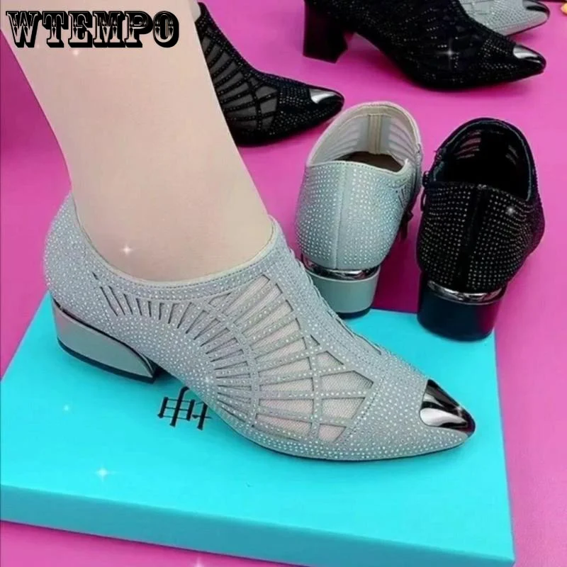 Soft Leather Mesh Sandals Hollow Water Diamond Pointed Toe Shallow Mouth Slip-on Low Heeled Women Boots Commuting Spring Autumn