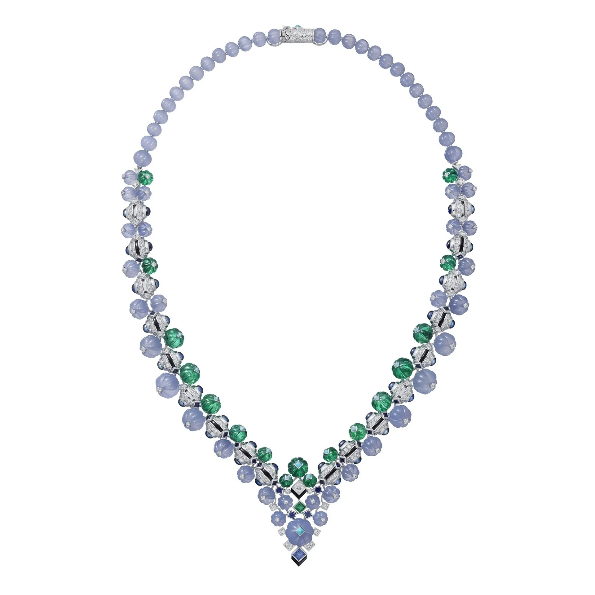 

S925 Sterling Silver High Carbon Synthetic Diamonds Inlaid Jade & Multicolored Green Gemstone Engraved High Quality Necklace