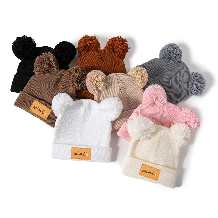Autumn and winter children's knitted caps, boys' and babies' woolen caps, cute pom-poms, cold-proof and warm mini letters