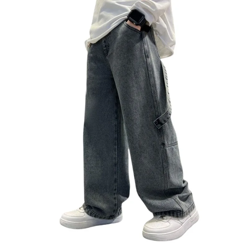 Teenage Boys Cargo Jeans Spring Autumn New Kids Wide Leg Denim Pants for Children Loose Pockets Trousers 5 7 9 11 13 15 Year old