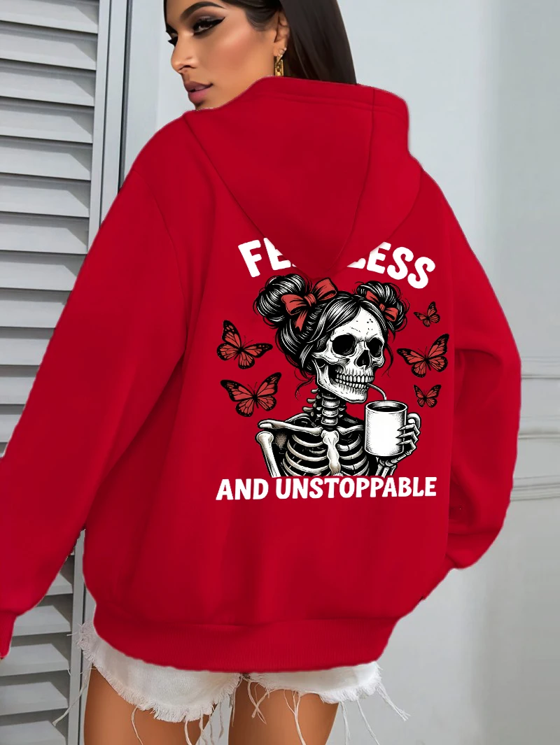 Fearless understoppable café crânio impressão feminina hoodie casual bolso com capuz solto outono hoodies all-match velo roupas esportivas