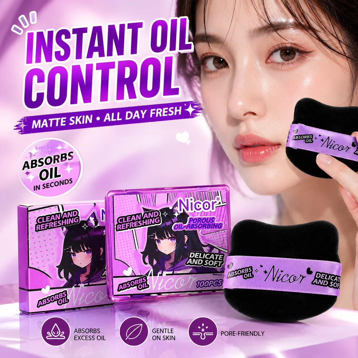 100pcs 3 in 1 Oil Absorbing Paper for Face with Mirror Powder Puff Bamboo Charcoal Facial Oil Control Blotting Sheets