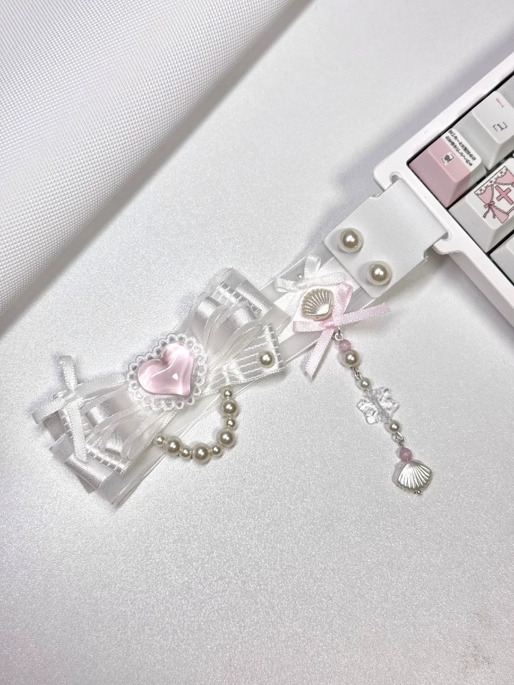 Cute Keyboard Wrist Ribbon Pink Bow Pearl Shell Pendant Decor Strap Heart Lace Keyboard Accessory For Mechanical Keyboard