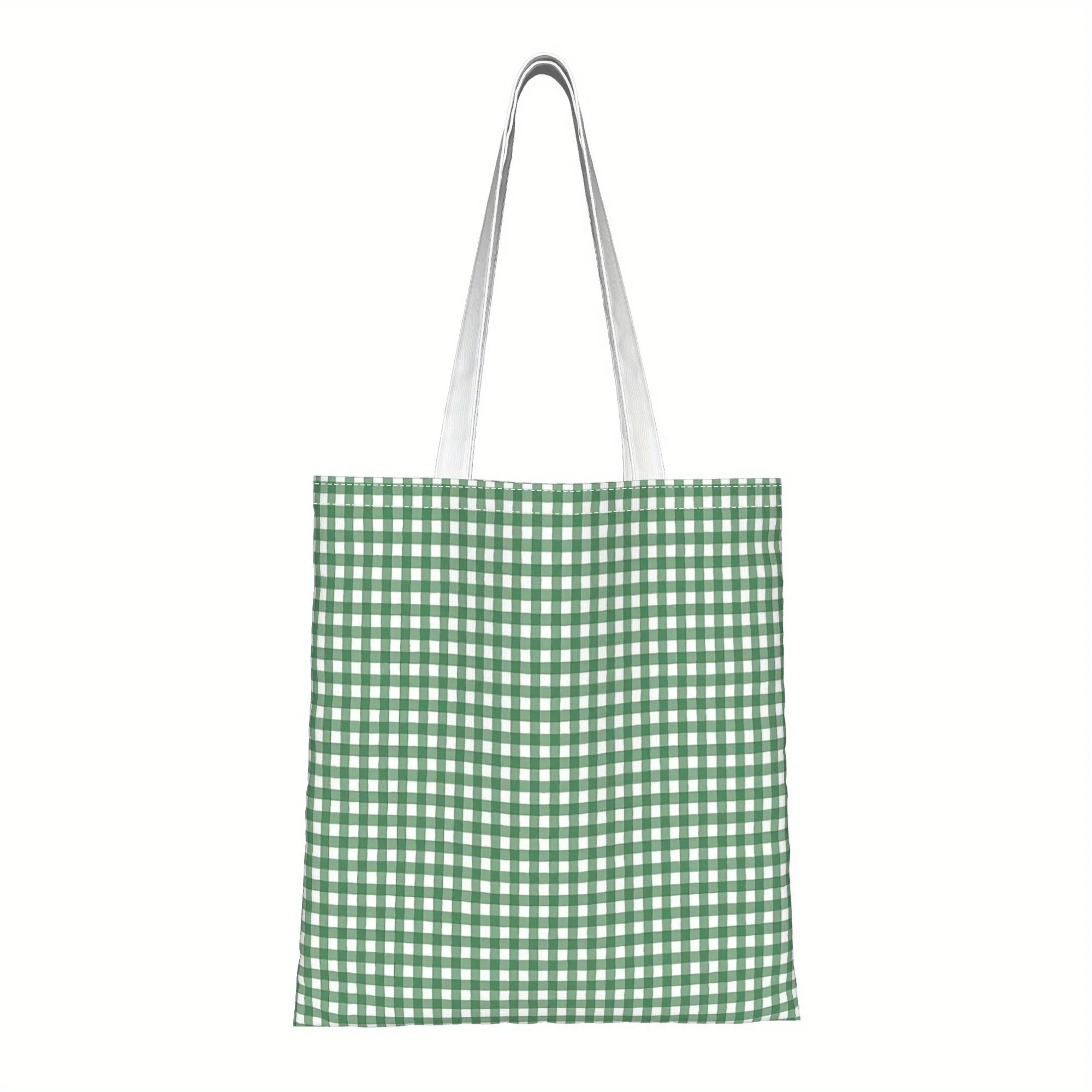 1pc Green and White Gingham Print Tote Bag,Reusable Shopping