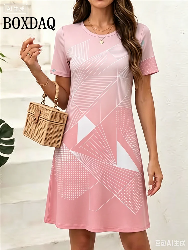 2026 Summer Dresses Women Fashion Abstract Geometric Patterns Short Sleeve Dress Casual 3D Print Loose Short Dress Lady Clothing