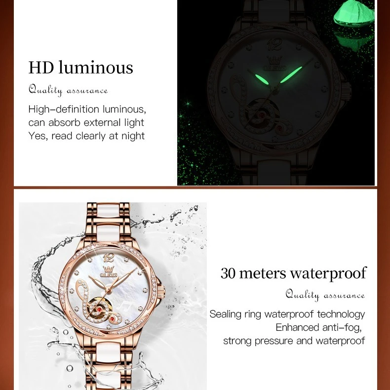 OLEVS 6656 패션 기계식 시계 선물, 라운드 다이얼 정품 가죽 시계 밴드, 야광 손목시계