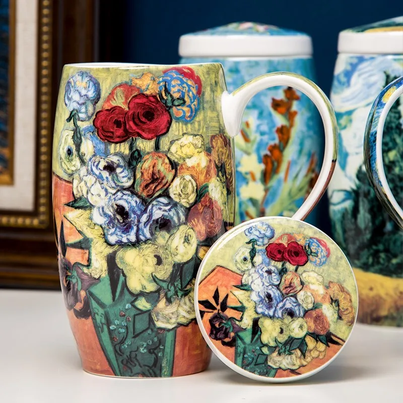 Canecas de café de porcelana de osso fino com pintura Van Gogh de grande capacidade com tampa em caixa de presente