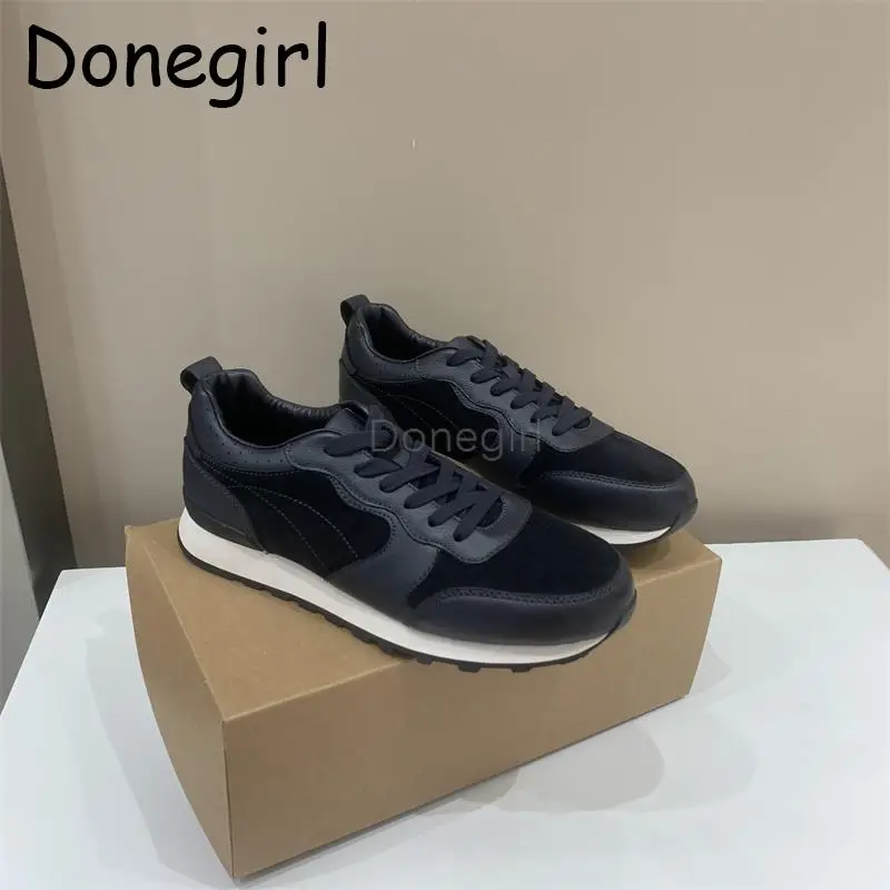 Donegirl 2023 New Fashion Men Leather Flats Patchwork Versatile Round Head Shoes Solid Casual Simple Commute Sneaker Male Chic