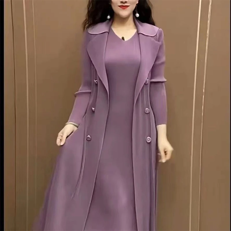 Lady Long Sleeve Temperament Solid Color Vestido Women Vintage Casual Dress Spring Autumn Fake Two Pieces Elegant Fashion Dress