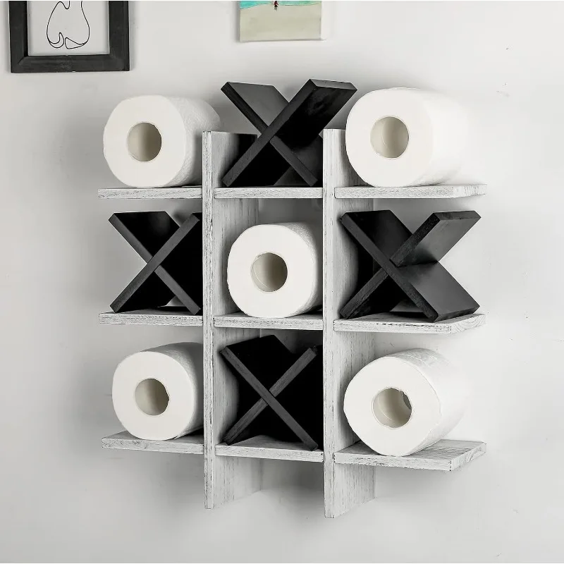 Tic Tac Toe Toilet Paper Holder Stand Bathroom Wall Decor Rustic Wooden Hanging Storage Freestanding Wall Mounted Shelves