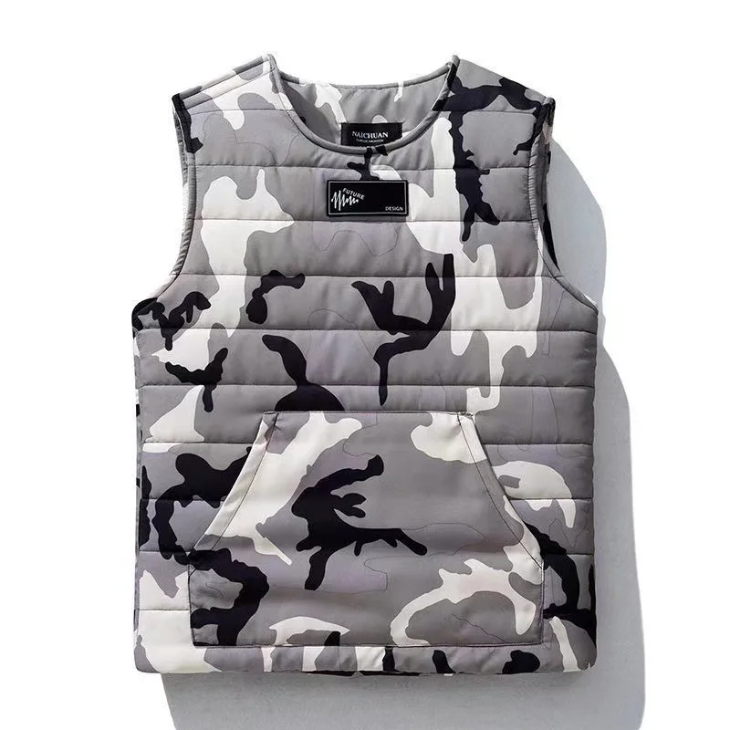 #3647 Black White Camouflage Pullover Vest Coat Men O-Neck Slim Sleeveless Vest Waistcoat Front Pockets Warm Men's Vest Winter