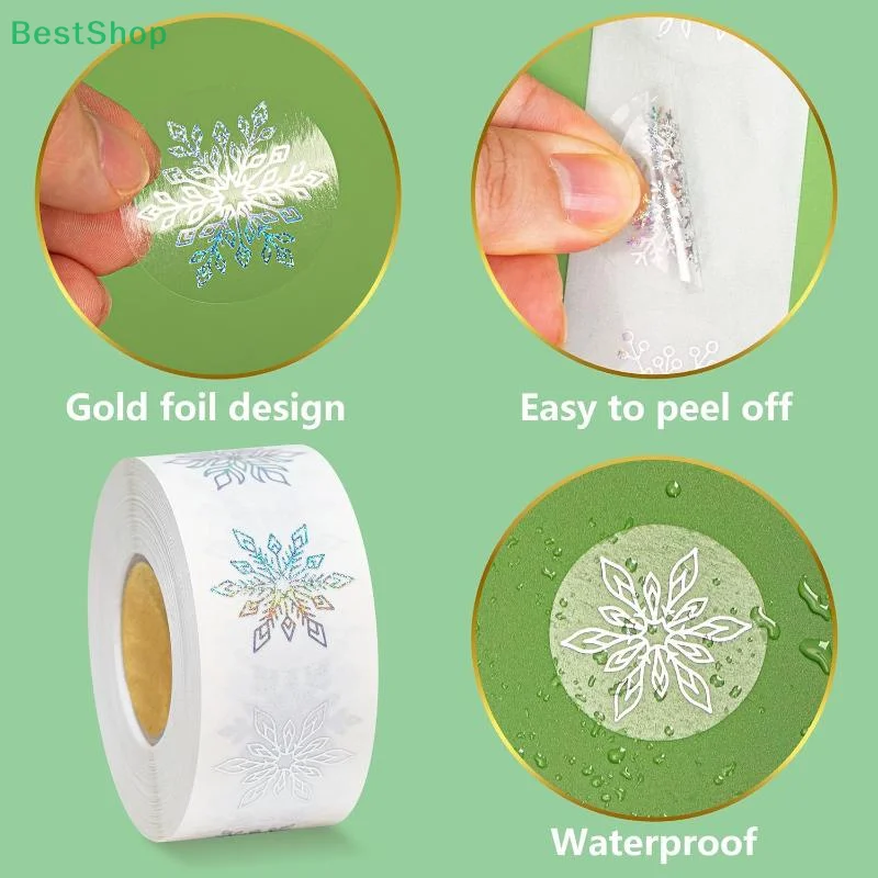 ♥500*Gold Foil Snowflake Sticker Rolls,Clear Holographic Christmas Labels,Round Self-Adhesive Christmas Winter Envelope Stickers